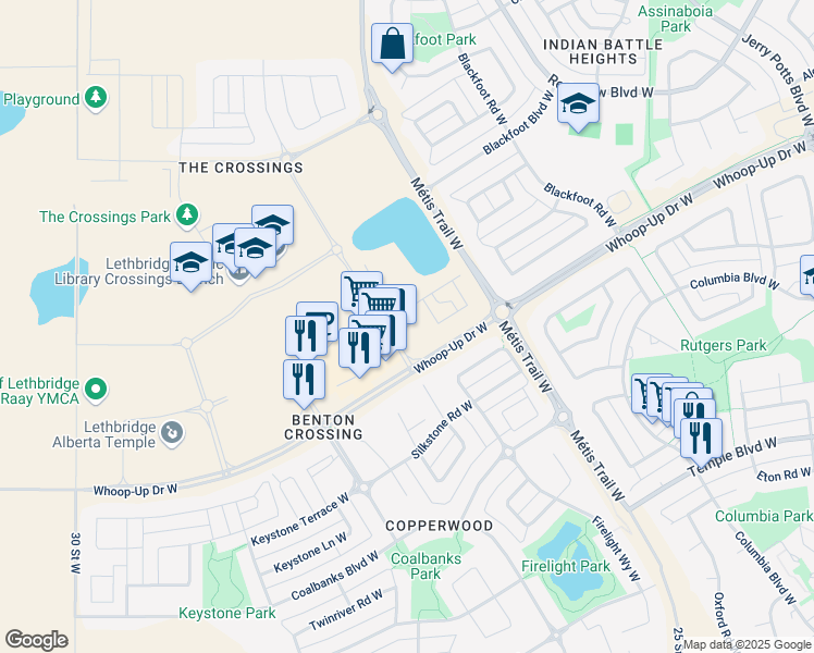 map of restaurants, bars, coffee shops, grocery stores, and more near 11 Aquitania Circle West in Lethbridge