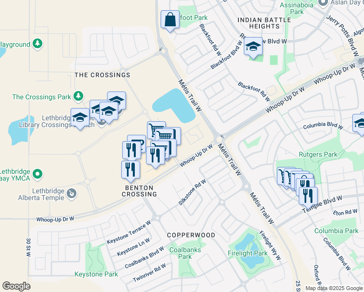 map of restaurants, bars, coffee shops, grocery stores, and more near 73 Aquitania Circle West in Lethbridge