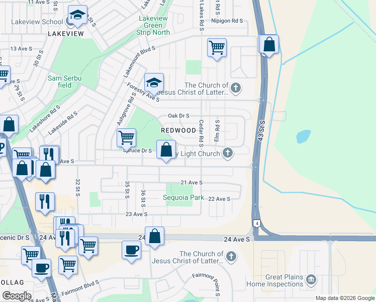 map of restaurants, bars, coffee shops, grocery stores, and more near 3805 Redwood Road South in Lethbridge