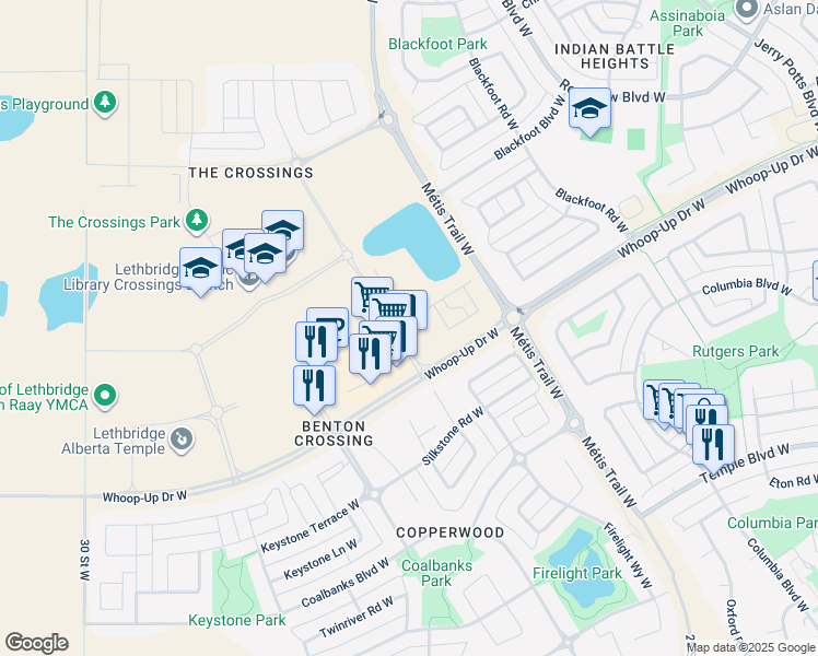map of restaurants, bars, coffee shops, grocery stores, and more near 15 Aquitania Boulevard West in Lethbridge