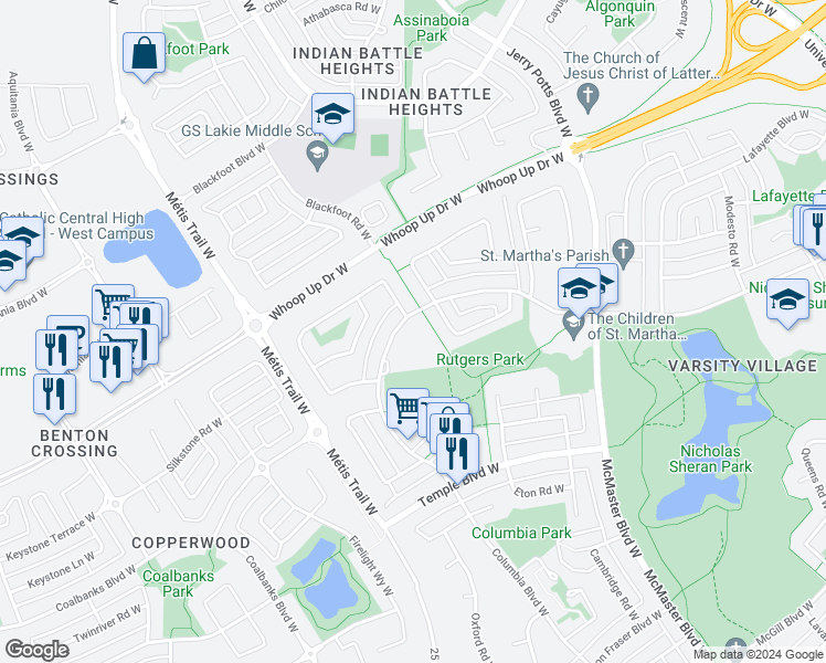 map of restaurants, bars, coffee shops, grocery stores, and more near in Lethbridge