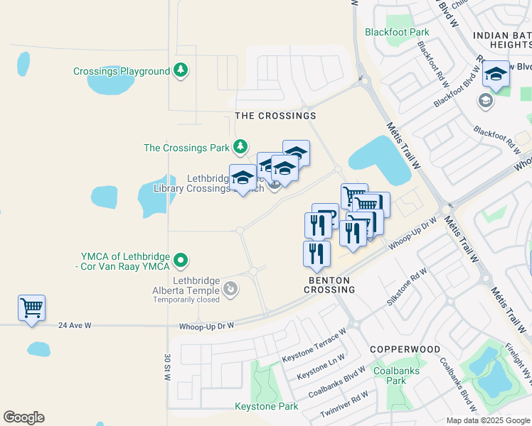 map of restaurants, bars, coffee shops, grocery stores, and more near Britannia Boulevard West in Lethbridge