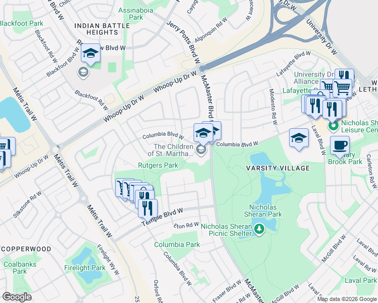 map of restaurants, bars, coffee shops, grocery stores, and more near 420 Columbia Boulevard West in Lethbridge