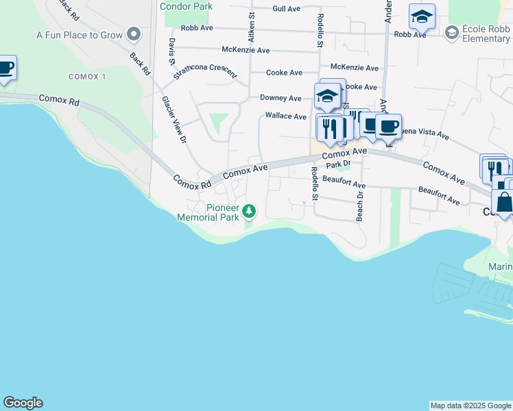map of restaurants, bars, coffee shops, grocery stores, and more near 2181 Comox Avenue in Comox