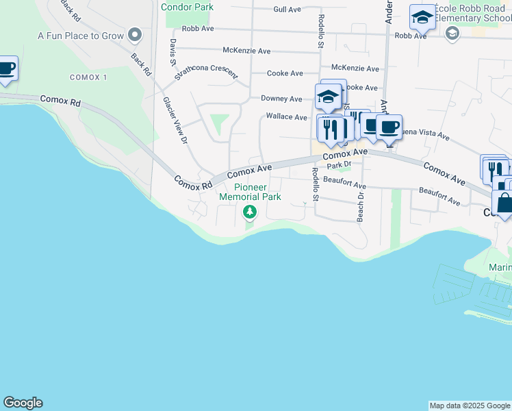 map of restaurants, bars, coffee shops, grocery stores, and more near 2181 Comox Avenue in Comox