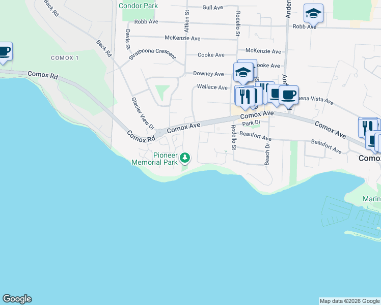 map of restaurants, bars, coffee shops, grocery stores, and more near 2181 Comox Avenue in Comox