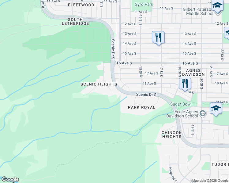 map of restaurants, bars, coffee shops, grocery stores, and more near 1623 Scenic Heights South in Lethbridge