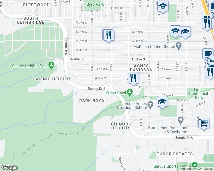 map of restaurants, bars, coffee shops, grocery stores, and more near 1615 Scenic Drive South in Lethbridge