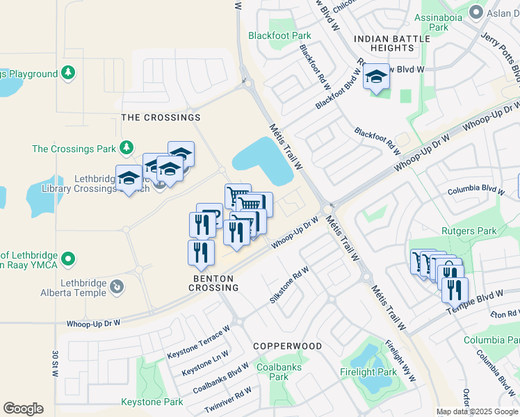 map of restaurants, bars, coffee shops, grocery stores, and more near 15 Aquitania Boulevard West in Lethbridge