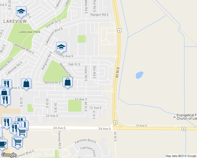map of restaurants, bars, coffee shops, grocery stores, and more near 122 Elm Crescent South in Lethbridge