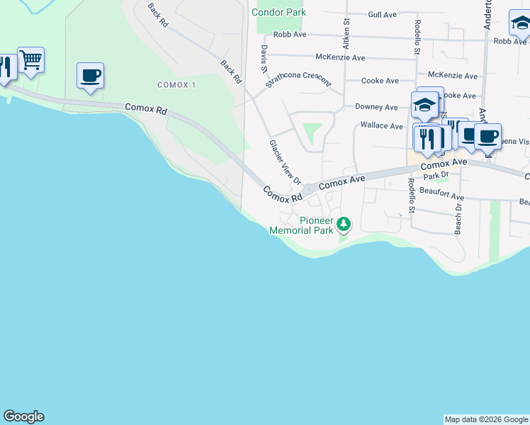 map of restaurants, bars, coffee shops, grocery stores, and more near 2299 Comox Avenue in Comox