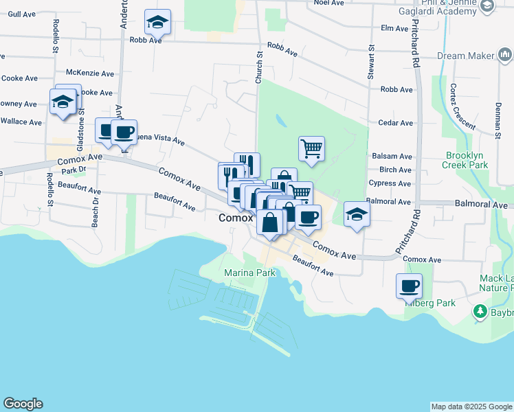 map of restaurants, bars, coffee shops, grocery stores, and more near 1800 Comox Avenue in Comox
