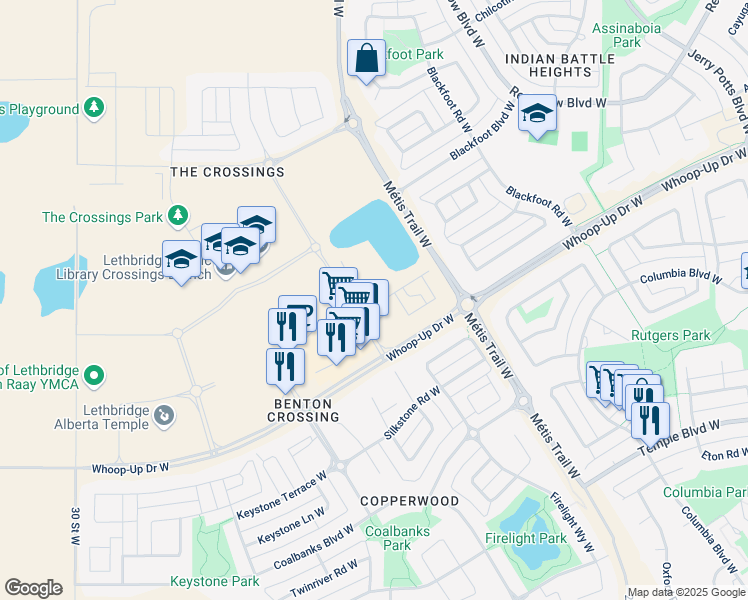 map of restaurants, bars, coffee shops, grocery stores, and more near 15 Aquitania Boulevard West in Lethbridge
