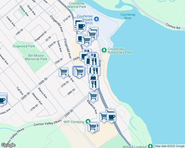 map of restaurants, bars, coffee shops, grocery stores, and more near 2801 Cliffe Avenue in Courtenay