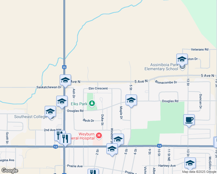 map of restaurants, bars, coffee shops, grocery stores, and more near 730 Elm Crescent in Weyburn