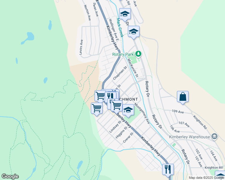 map of restaurants, bars, coffee shops, grocery stores, and more near 373 Fortier Street in Kimberley