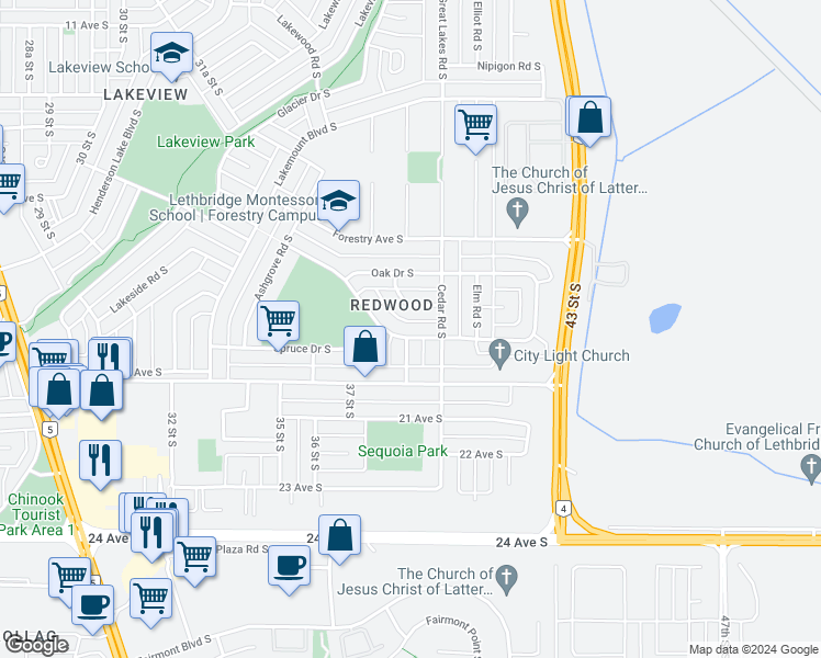 map of restaurants, bars, coffee shops, grocery stores, and more near 3805 Redwood Road South in Lethbridge