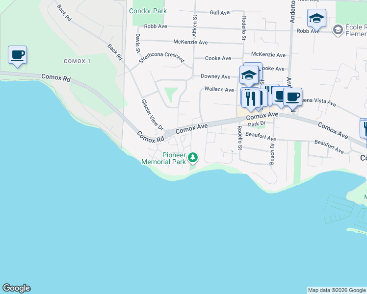 map of restaurants, bars, coffee shops, grocery stores, and more near 2200 Manor Drive in Comox