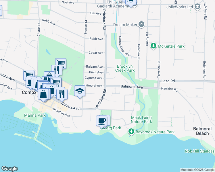 map of restaurants, bars, coffee shops, grocery stores, and more near Balmoral Avenue in Comox