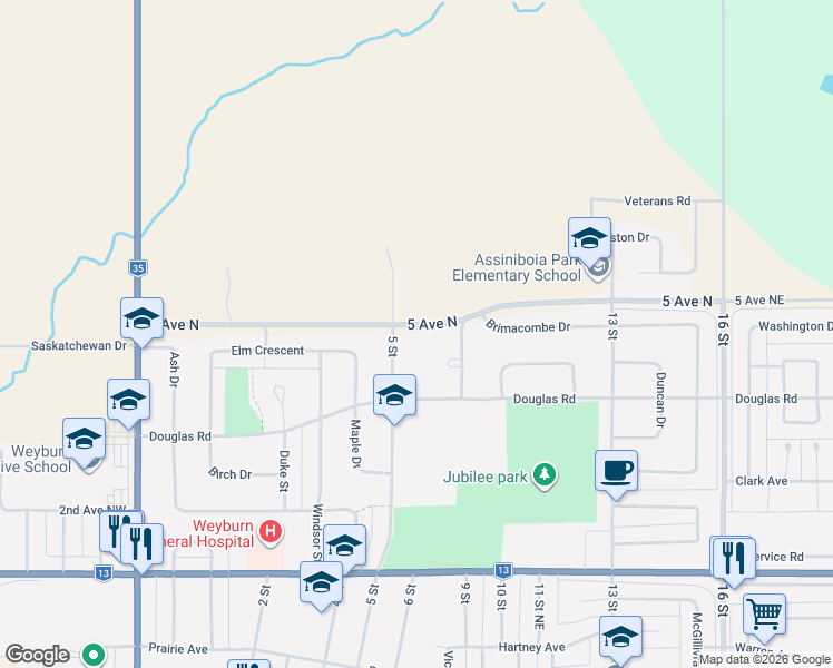 map of restaurants, bars, coffee shops, grocery stores, and more near in Weyburn
