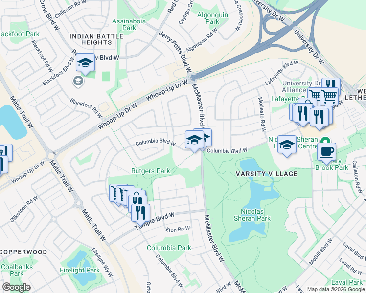 map of restaurants, bars, coffee shops, grocery stores, and more near 401 Columbia Boulevard West in Lethbridge