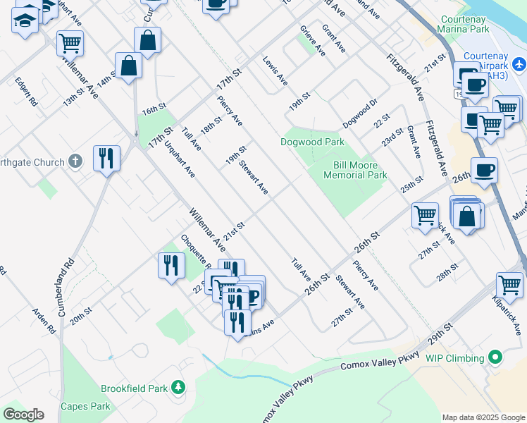 map of restaurants, bars, coffee shops, grocery stores, and more near 1130 21st Street in Courtenay