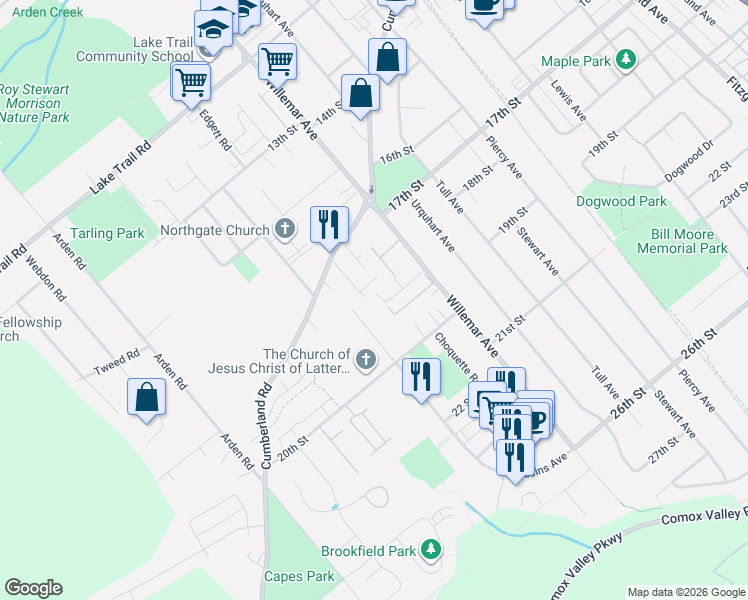 map of restaurants, bars, coffee shops, grocery stores, and more near 1855 Willemar Avenue in Courtenay