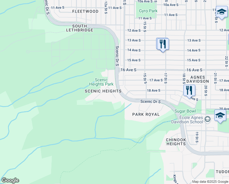 map of restaurants, bars, coffee shops, grocery stores, and more near 1619 Scenic Heights South in Lethbridge