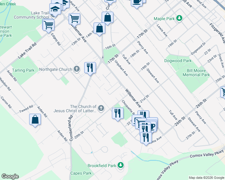 map of restaurants, bars, coffee shops, grocery stores, and more near 1905 Willemar Avenue in Courtenay