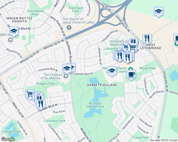map of restaurants, bars, coffee shops, grocery stores, and more near 295 Columbia Boulevard West in Lethbridge