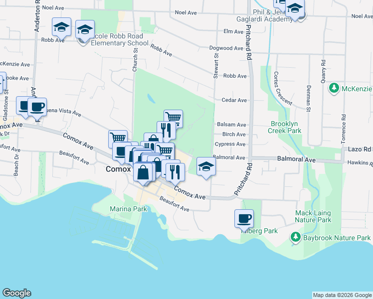 map of restaurants, bars, coffee shops, grocery stores, and more near 1686 Balmoral Avenue in Comox
