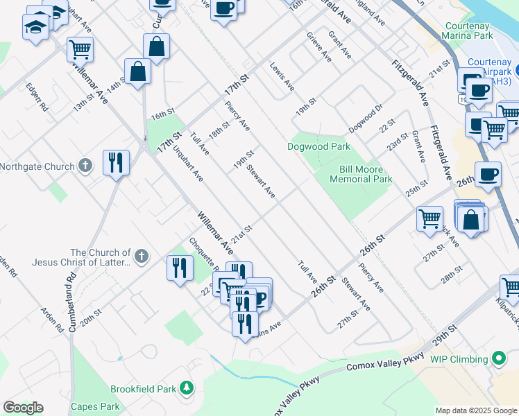 map of restaurants, bars, coffee shops, grocery stores, and more near 2064 Tull Avenue in Courtenay