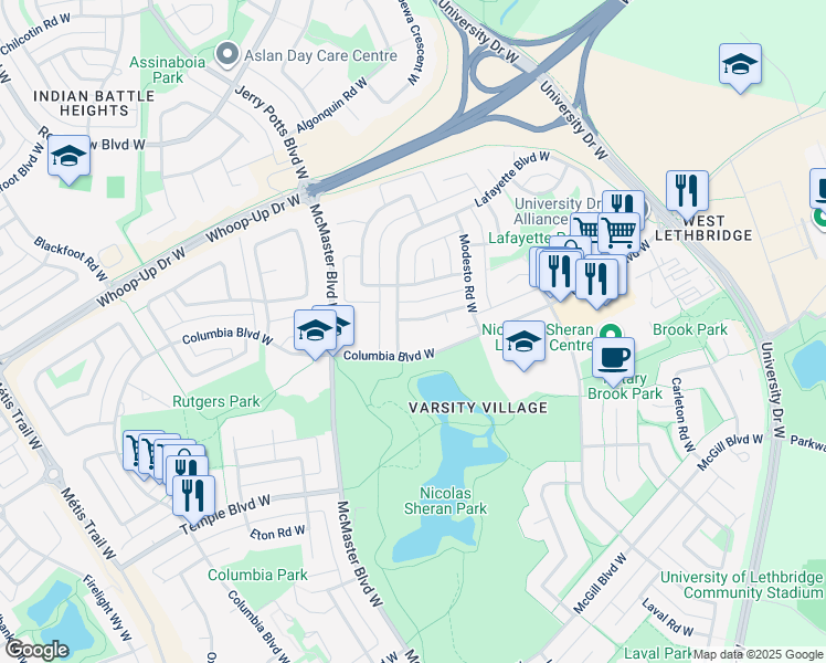 map of restaurants, bars, coffee shops, grocery stores, and more near 295 Columbia Boulevard West in Lethbridge