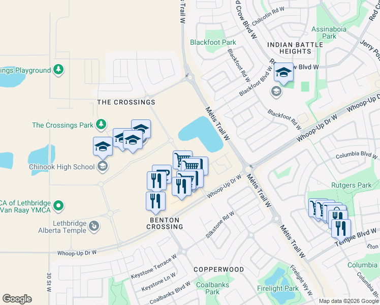 map of restaurants, bars, coffee shops, grocery stores, and more near 23 Aquitania Boulevard West in Lethbridge