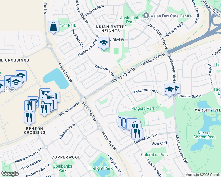 map of restaurants, bars, coffee shops, grocery stores, and more near 59 Princeton Crescent West in Lethbridge