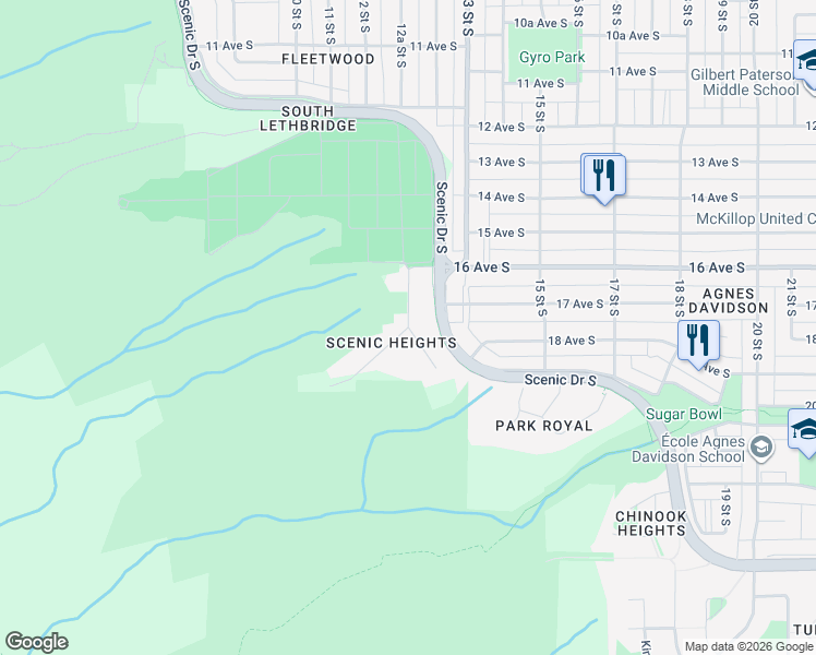 map of restaurants, bars, coffee shops, grocery stores, and more near 1608 Scenic Heights South in Lethbridge