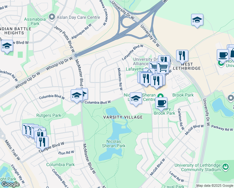 map of restaurants, bars, coffee shops, grocery stores, and more near 2 Nebraska Road West in Lethbridge
