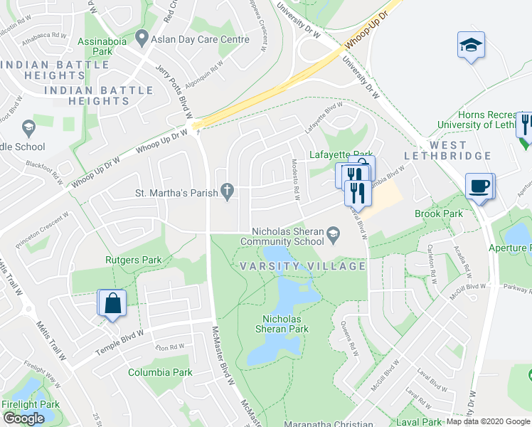 map of restaurants, bars, coffee shops, grocery stores, and more near 31 Nebraska Road West in Lethbridge
