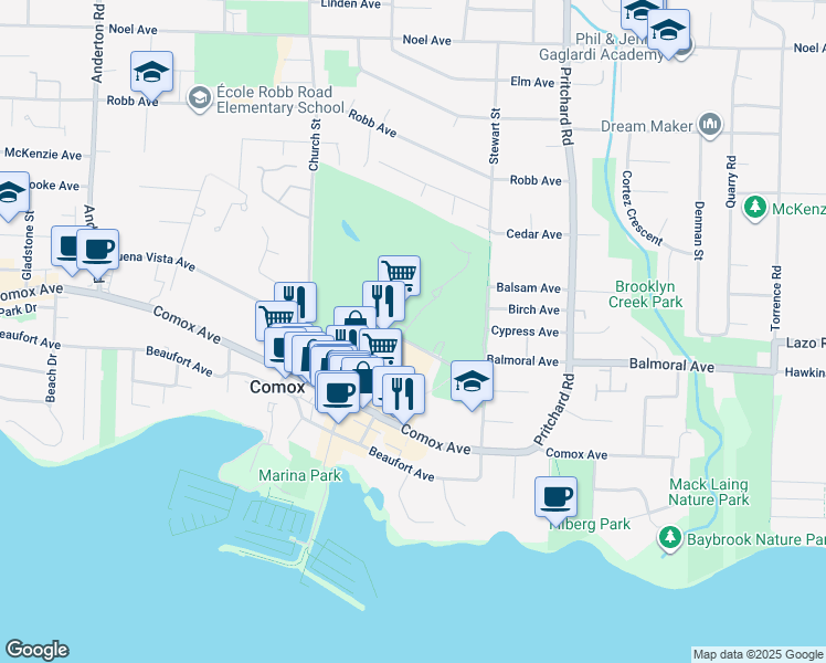 map of restaurants, bars, coffee shops, grocery stores, and more near 1718 Balmoral Avenue in Comox
