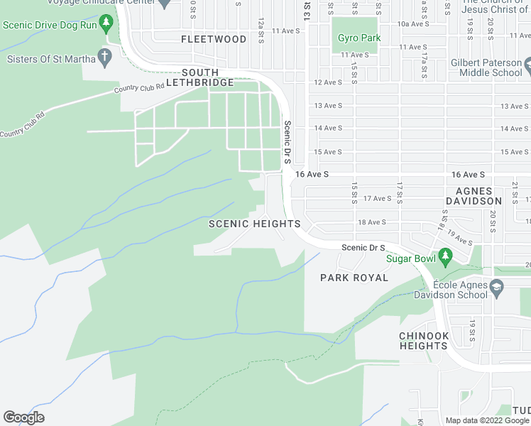 map of restaurants, bars, coffee shops, grocery stores, and more near 1608 Scenic Heights South in Lethbridge