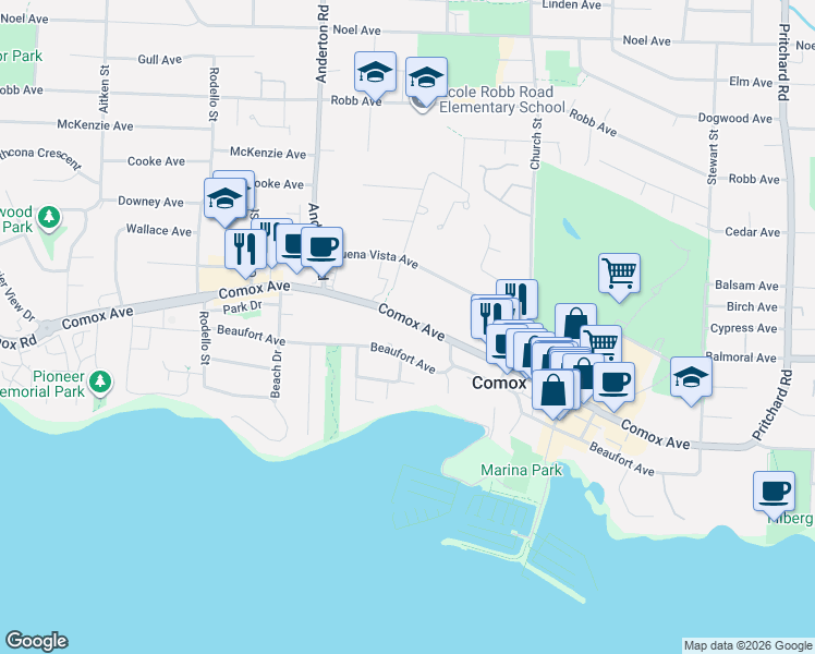 map of restaurants, bars, coffee shops, grocery stores, and more near 1911 Comox Avenue in Comox