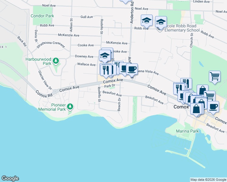 map of restaurants, bars, coffee shops, grocery stores, and more near 2052 Beaufort Avenue in Comox