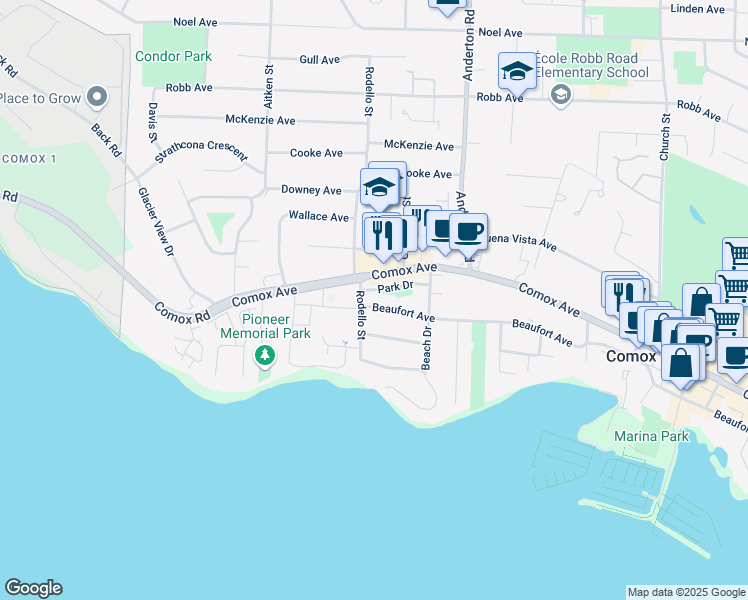 map of restaurants, bars, coffee shops, grocery stores, and more near 2088 Beaufort Avenue in Comox