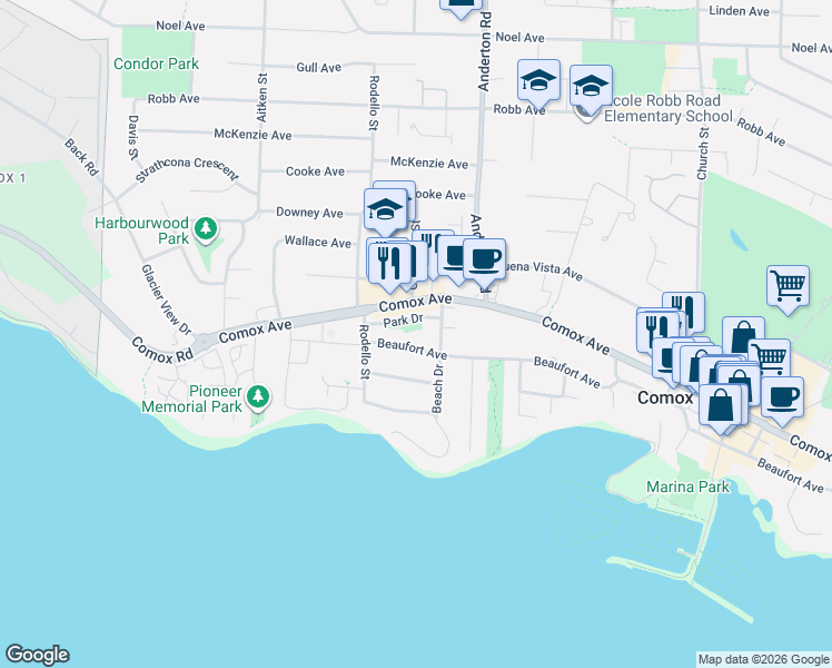 map of restaurants, bars, coffee shops, grocery stores, and more near 2052 Beaufort Avenue in Comox