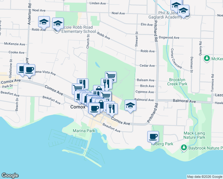 map of restaurants, bars, coffee shops, grocery stores, and more near 1718 Balmoral Avenue in Comox