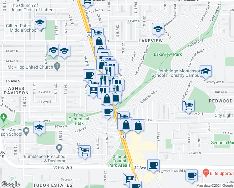 map of restaurants, bars, coffee shops, grocery stores, and more near 1717 Mayor Magrath Drive South in Lethbridge