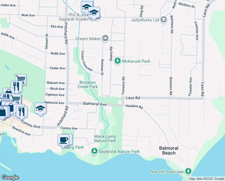 map of restaurants, bars, coffee shops, grocery stores, and more near 248 Quarry Park Road in Comox