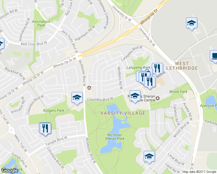 map of restaurants, bars, coffee shops, grocery stores, and more near 31 Nebraska Road West in Lethbridge