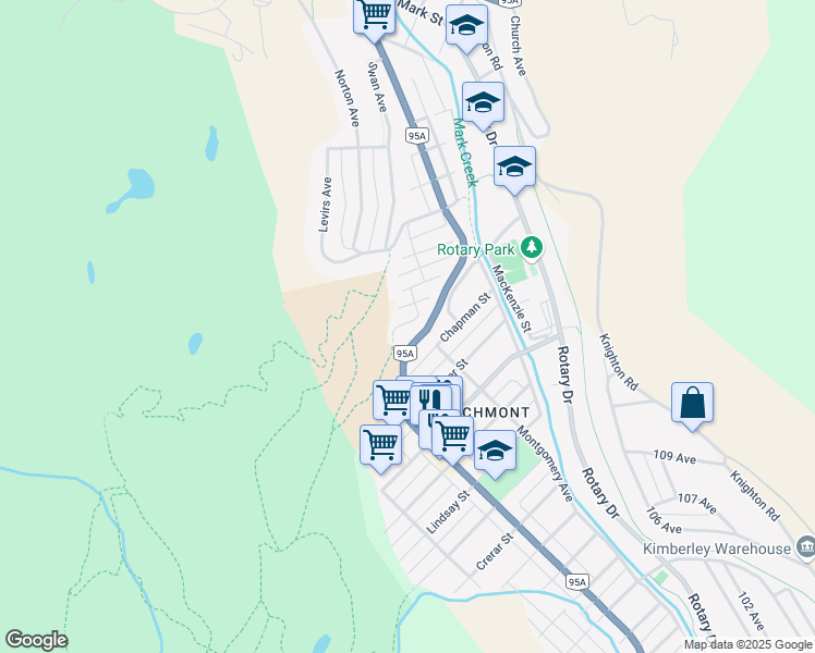 map of restaurants, bars, coffee shops, grocery stores, and more near 120 Thompson Street in Kimberley