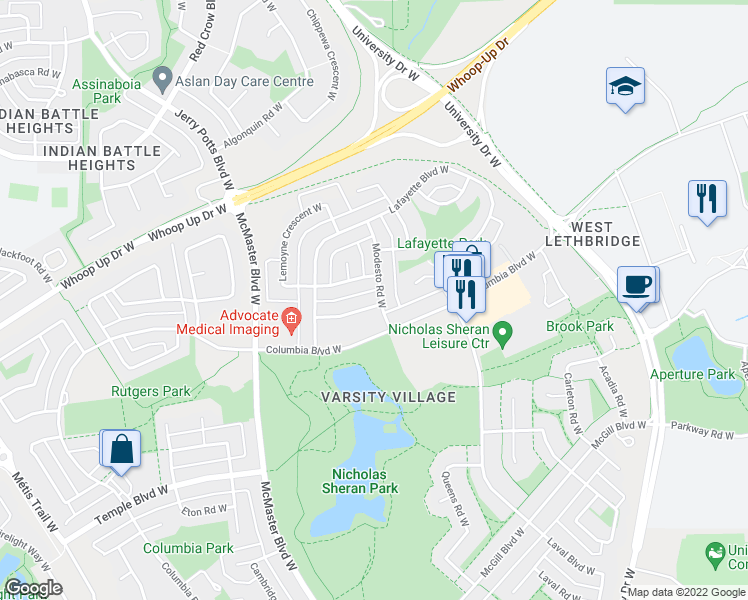 map of restaurants, bars, coffee shops, grocery stores, and more near 2 Nebraska Road West in Lethbridge
